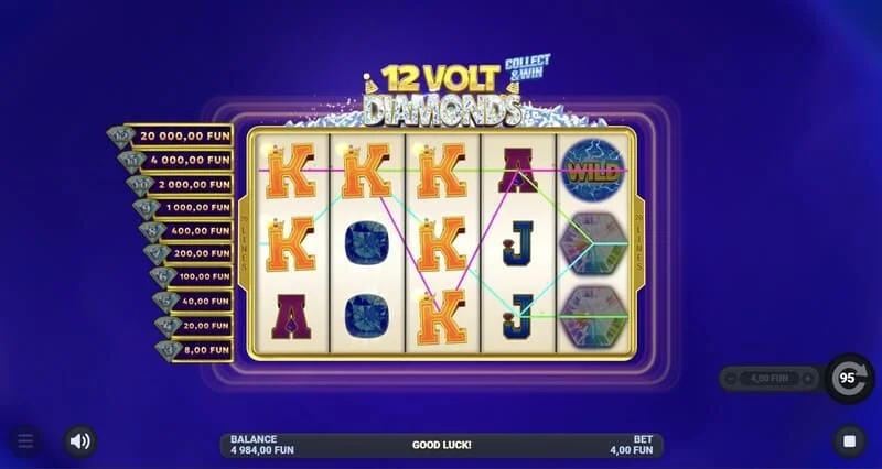 12 Volt Diamonds – pagrindinis žaidimo ekranas su 5×4 tinkleliu